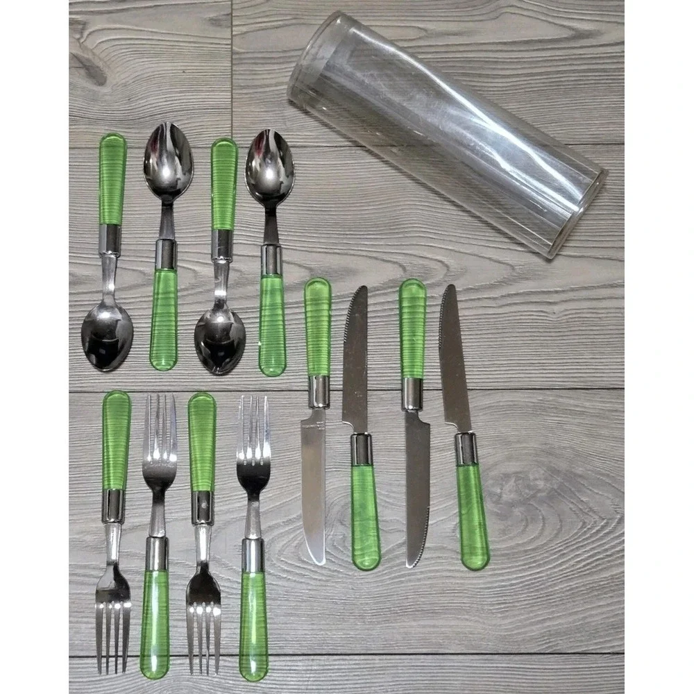 Pier 1 Imports Flatware Set 12 Pcs Translucent Green Retired Forks Spoons Knives